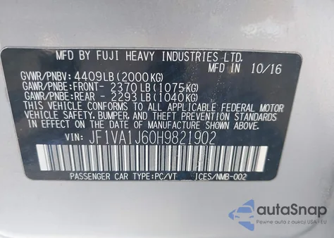 2017 Subaru Wrx Limited from USA, damaged, VIN JF1VA1J60H9821902